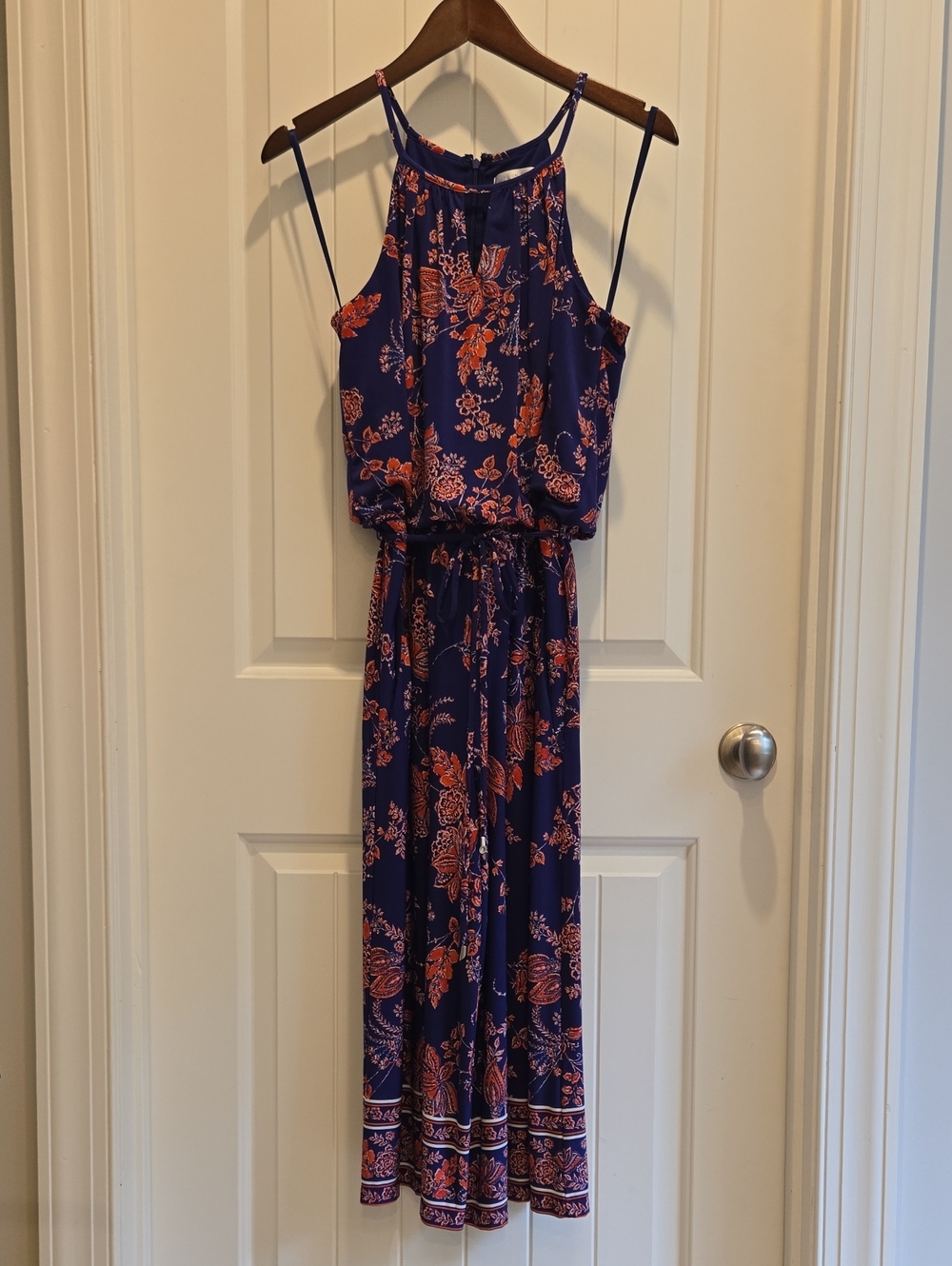 London Times Navy Maxi Dress with Coral Floral Print